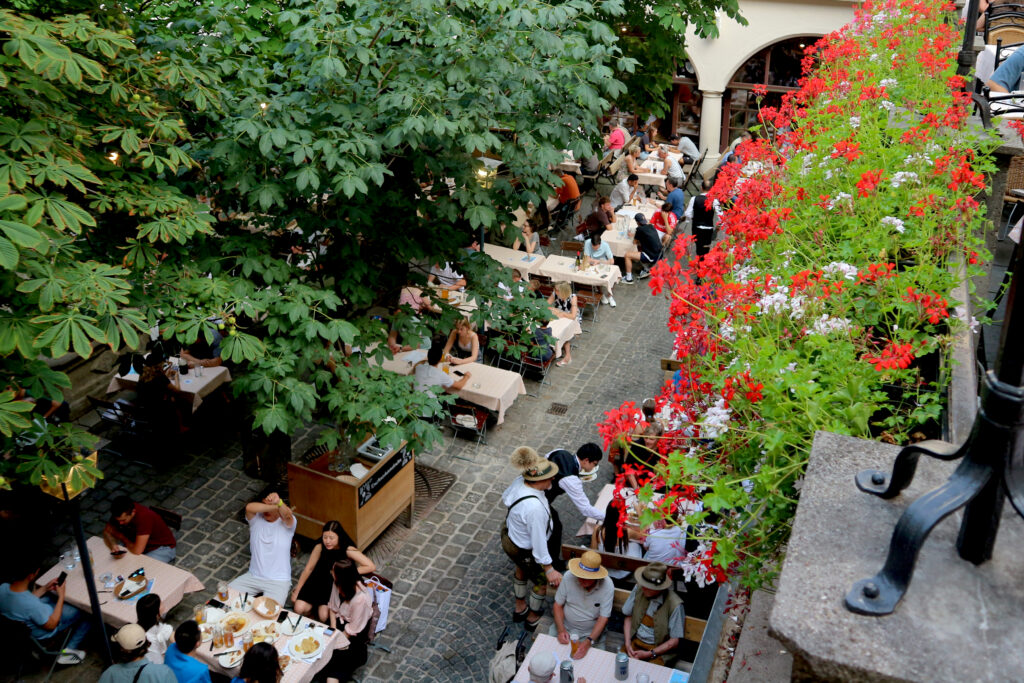 Red flowers overlooking the courtyard from the exterior balcony