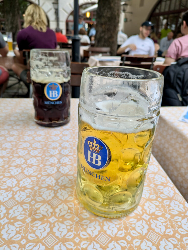 Two different colours of Hofbräuhaus beer