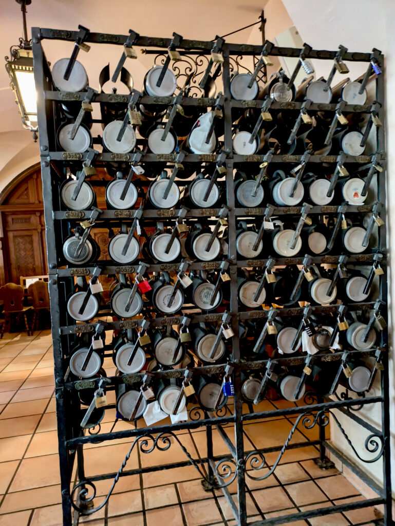 Beer metal tankards locked away