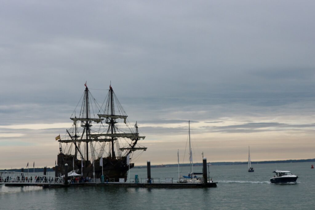 Silhouetted spanish galleon ship