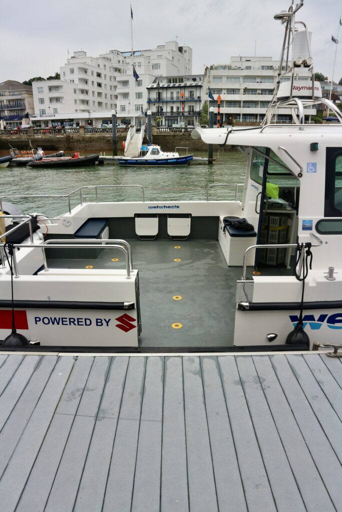 Interior of accessible sailing boat with Wetwheels Solent