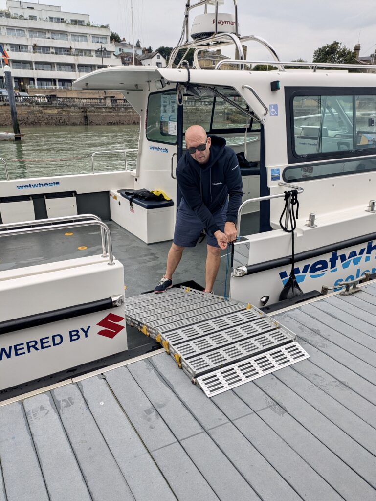 Ramped entrance to the adapted catamaran for inclusive sailing