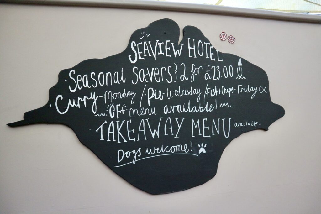 Seaview Hotel specials menu in the shape of the Isle of Wight