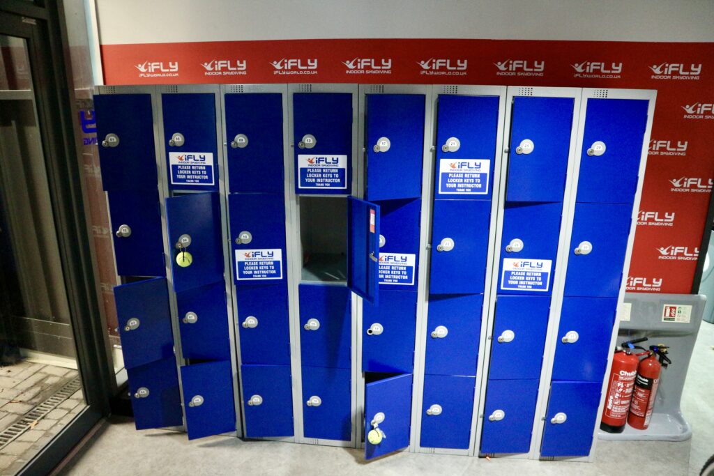 Bright blue locker bank to store belongings