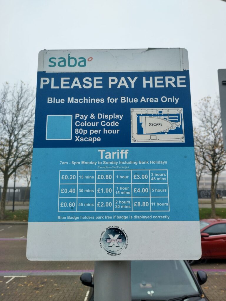 Parking charges for pay & display at Xscape, Milton Keynes